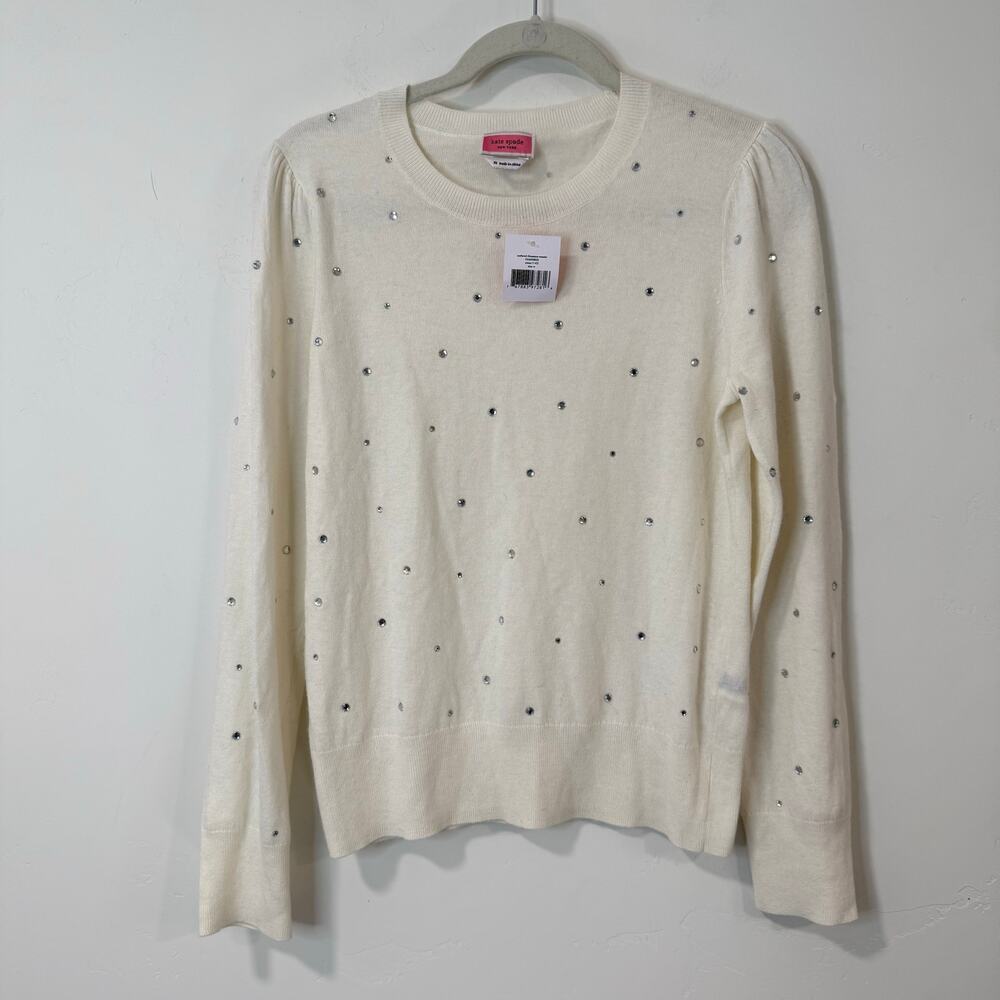 Kate Spade Women's Sweater Scattered Rhinestone Crew Puff Sleeve Cream NEW Med